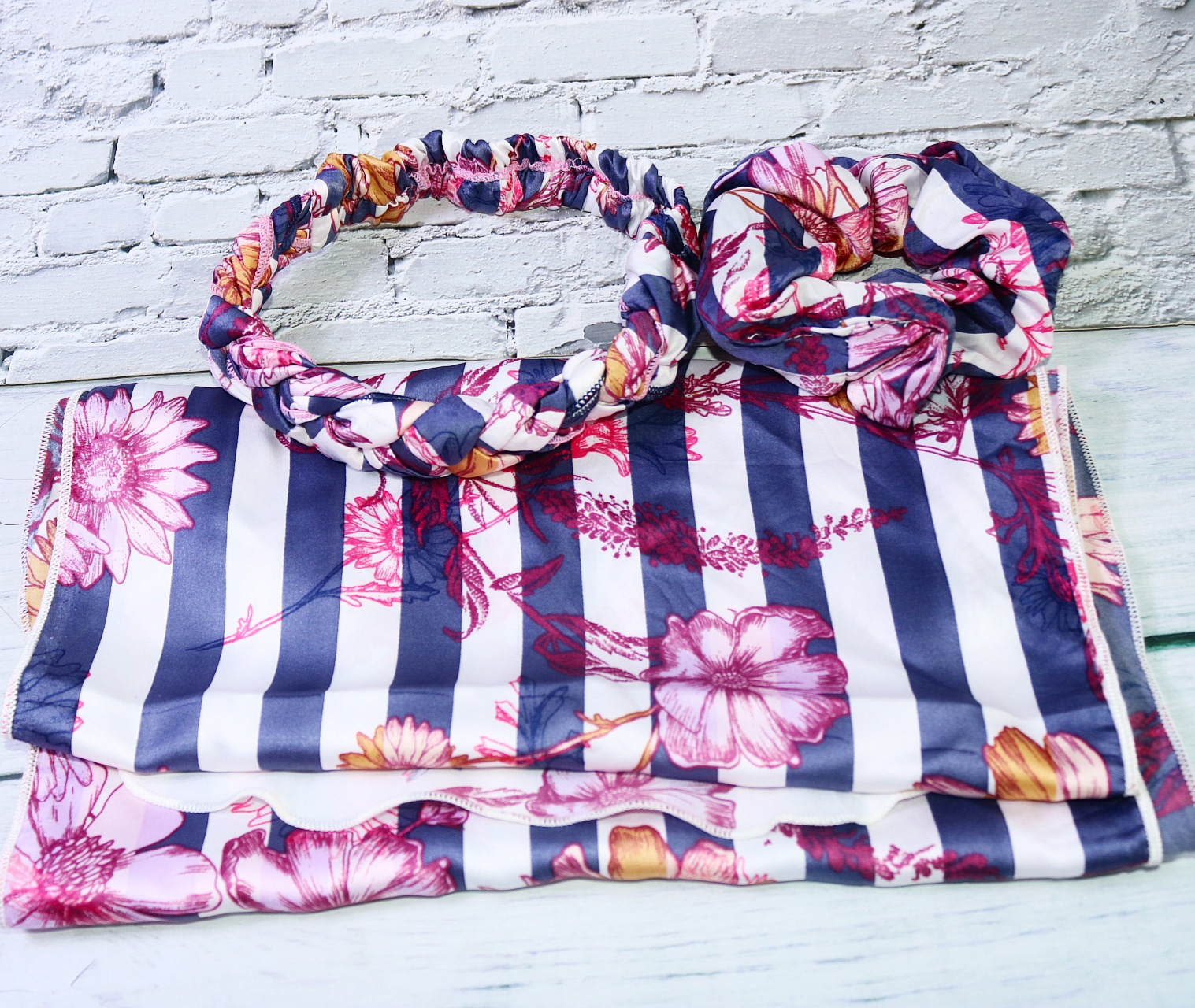 Striped flowered 3 IN 1 SATIN LONG SCARF, SCRUNCHIES, WOOVEN ELASTIC HAIR BAND