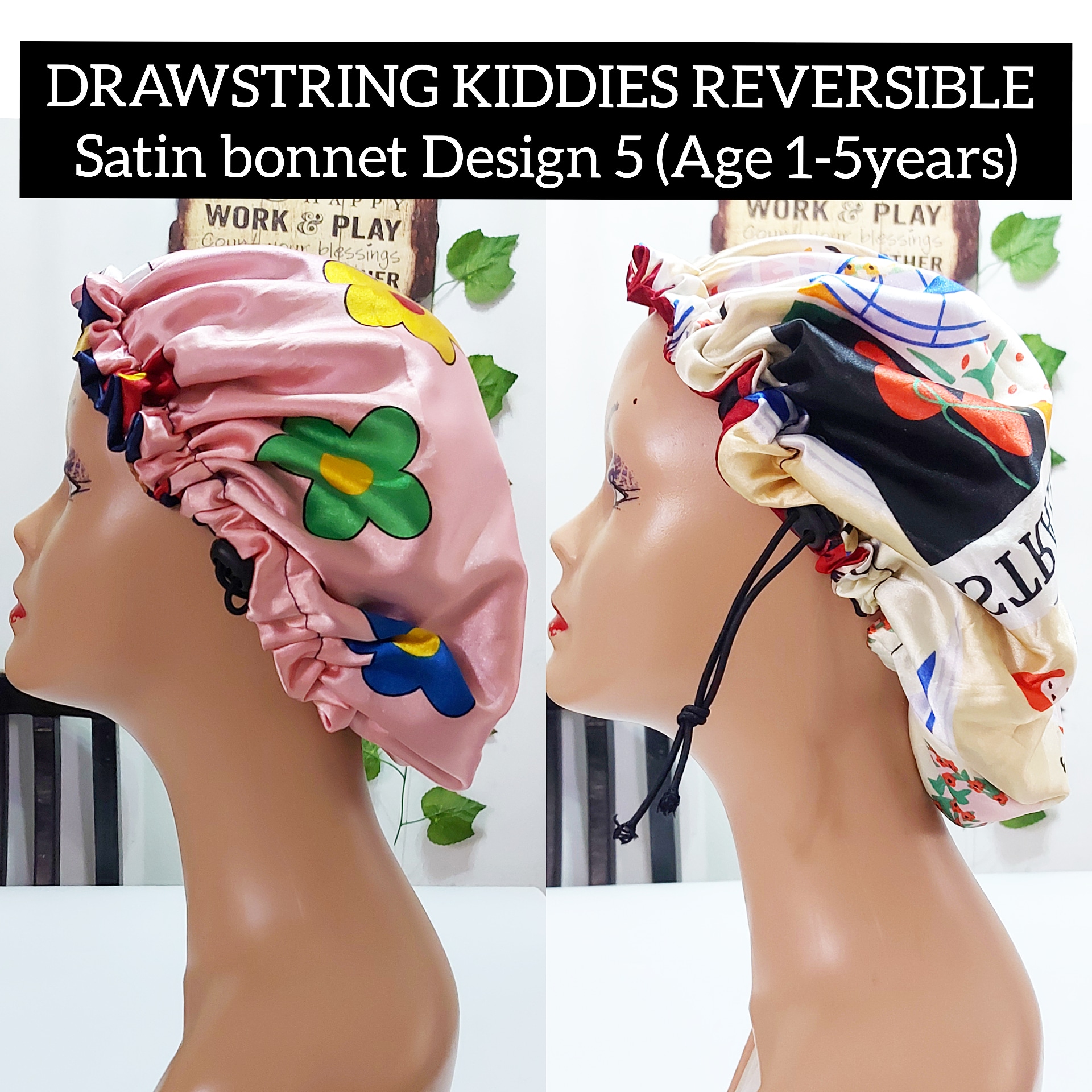 Kiddies drawstring reversible satin bonnet design 5