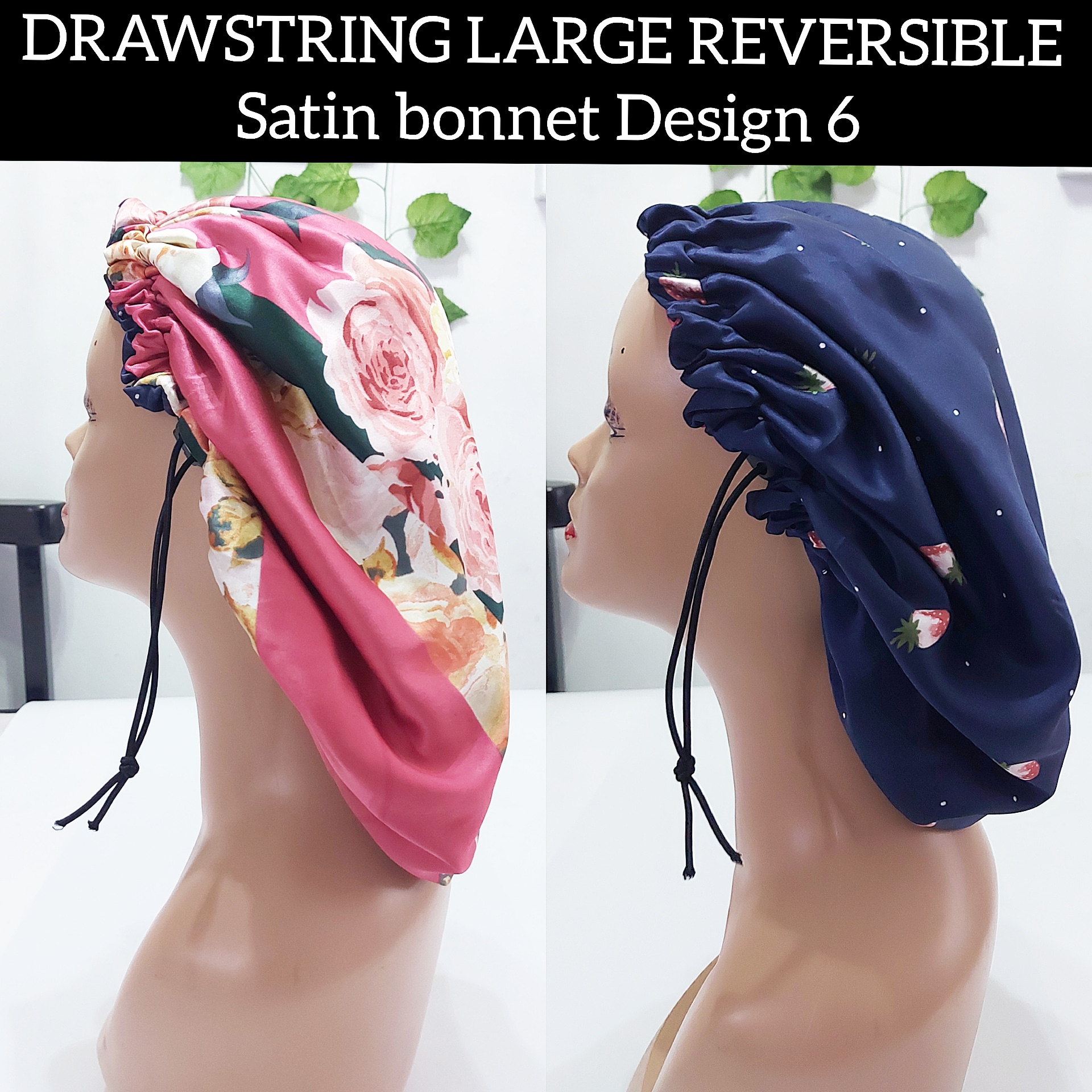 Drawstring Large Reversible Satin Bonnet Design 6