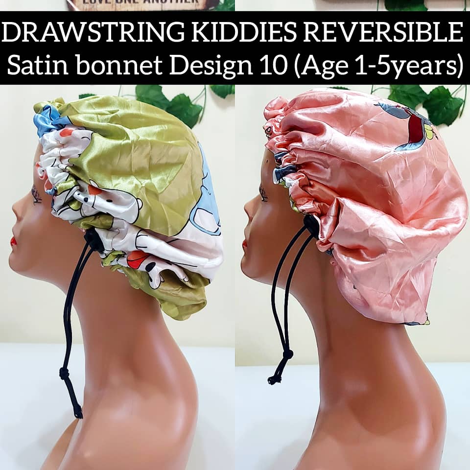 Kiddies drawstring reversible satin bonnet design 10