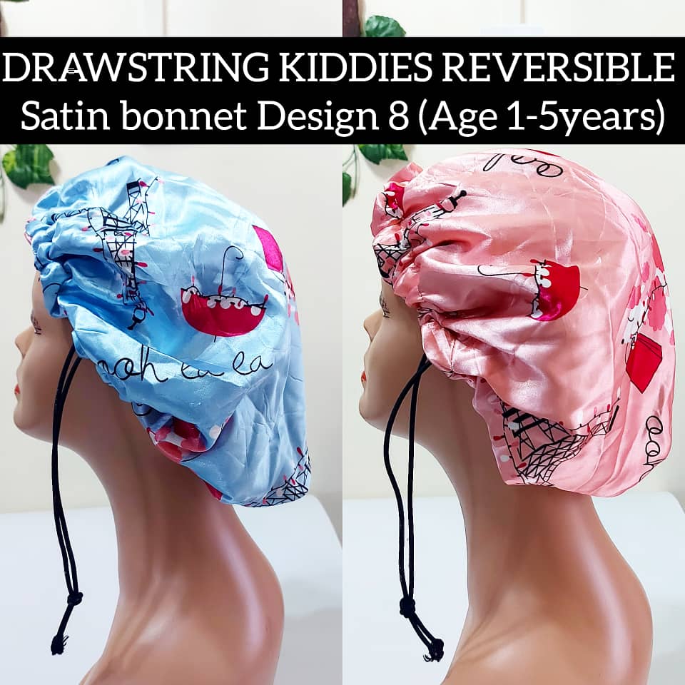 Kiddies drawstring reversible satin bonnet design 8