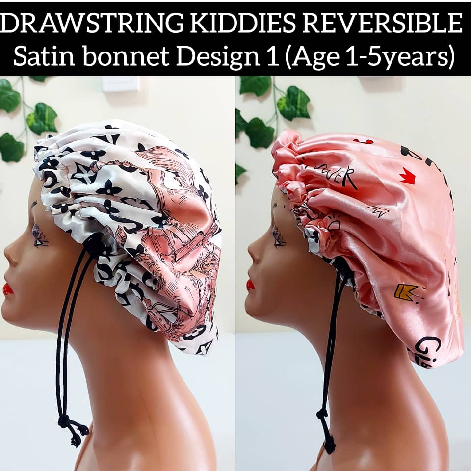 Kiddies drawstring reversible satin bonnet design 1