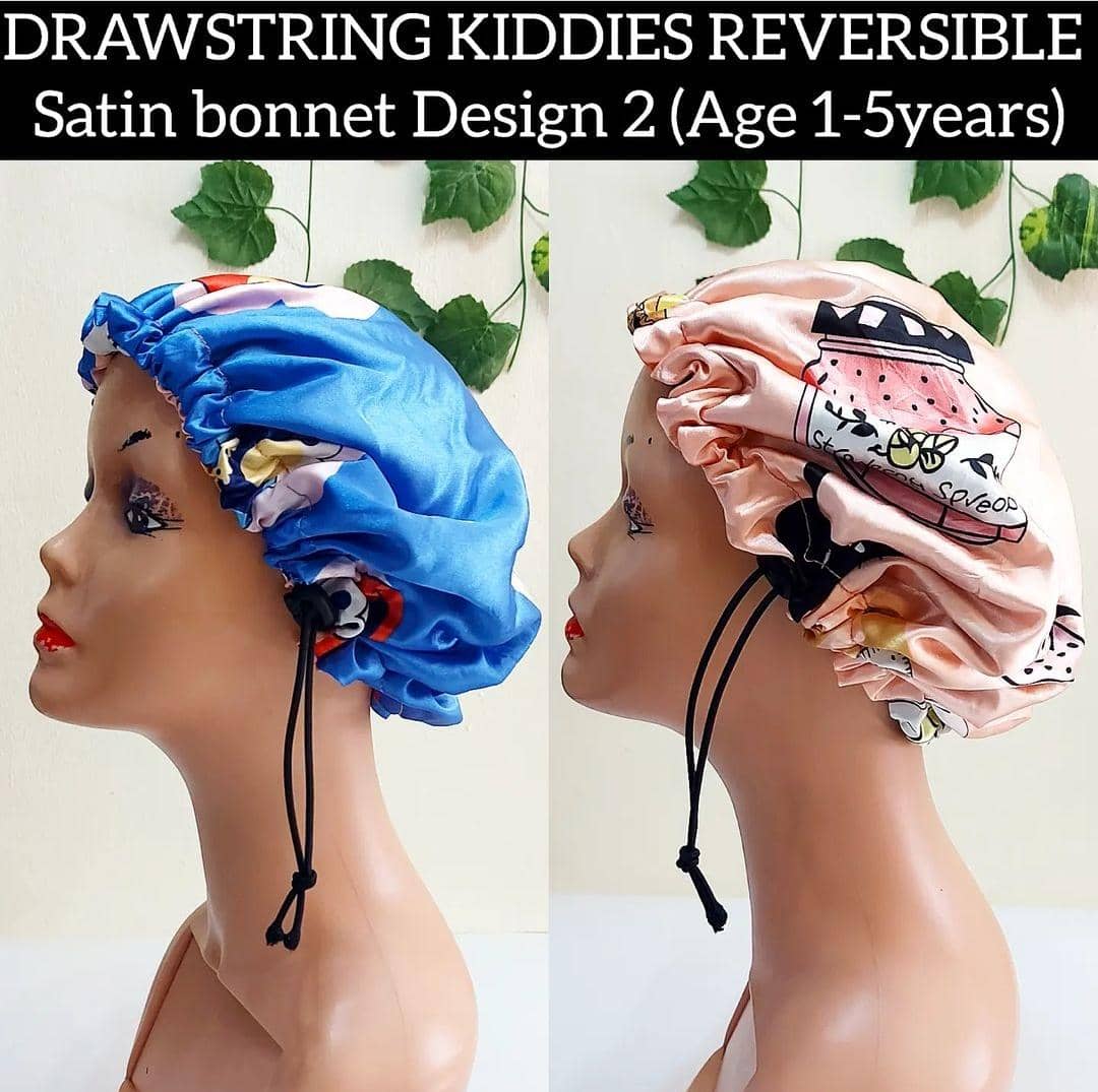 Kiddies drawstring reversible satin bonnet design 2